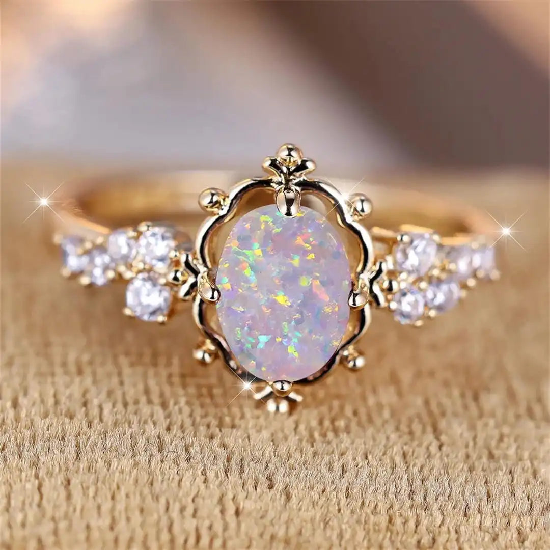 White Fire Opal Oval Stone Flower Ring
