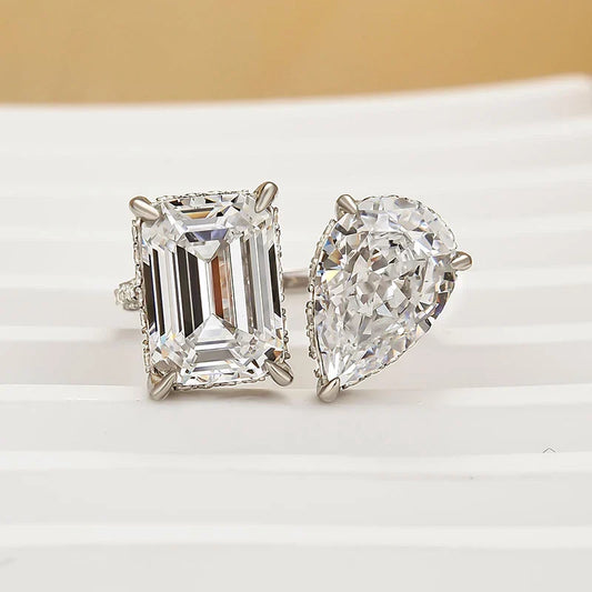 Unique Design Emerald Cut & Pear Cut Engagement Ring