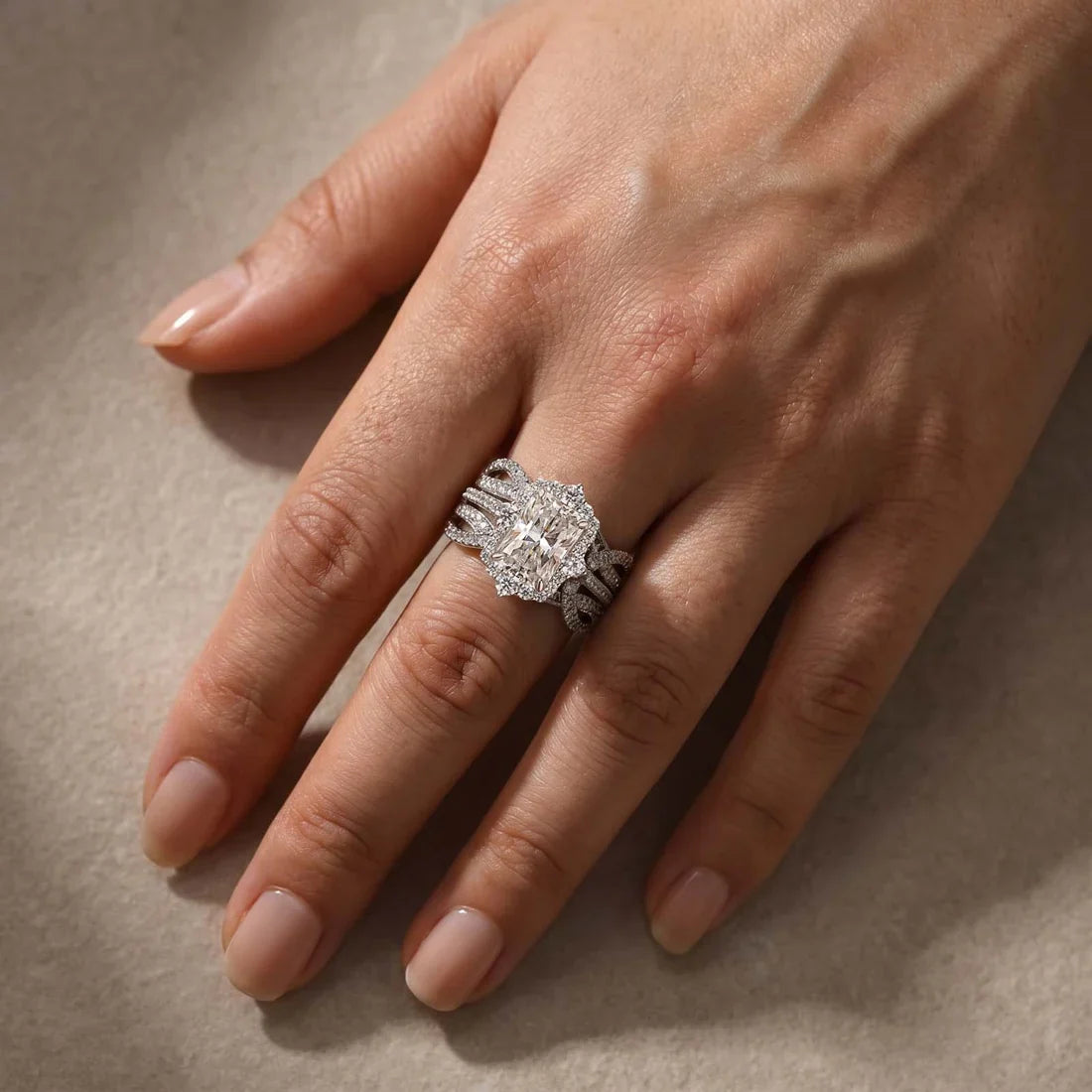 Radiant Cut Halo Insert Wedding Ring Set