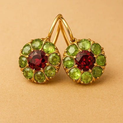 Retro Round Crystal Earrings in Green and Red
