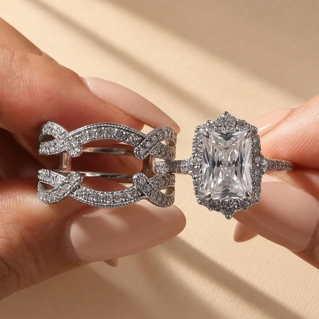 Radiant Cut Halo Insert Wedding Ring Set