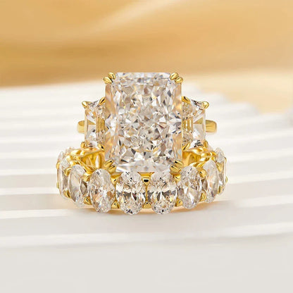 Luxurious Three Stone Radiant Cut Wedding Ring Set