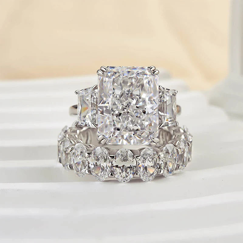 Luxurious Three Stone Radiant Cut Wedding Ring Set
