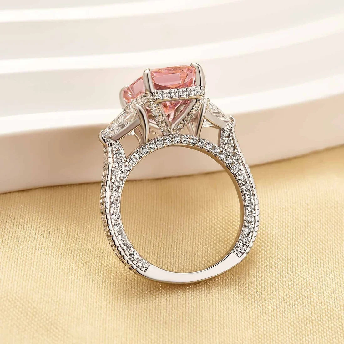 Radiant Cut Three Stone Hidden Halo Engagement Ring