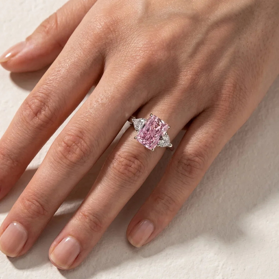 Pink & White Stone Radiant Cut Engagement Ring