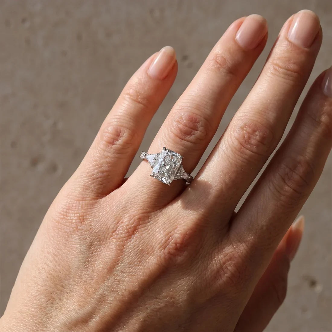 Radiant Cut Three Stone Hidden Halo Engagement Ring