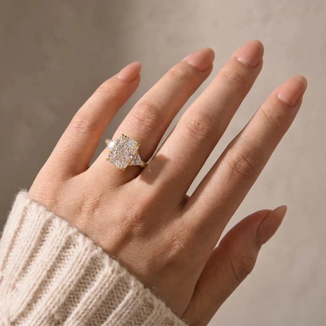 Radiant Cut Three Stone Hidden Halo Engagement Ring