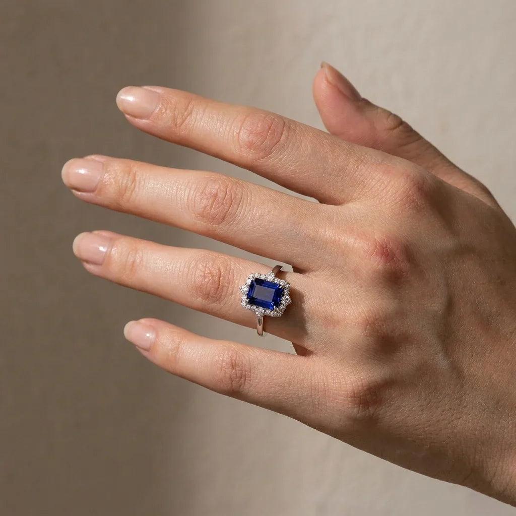 Emerald Cut Colorful Stone Halo Ring