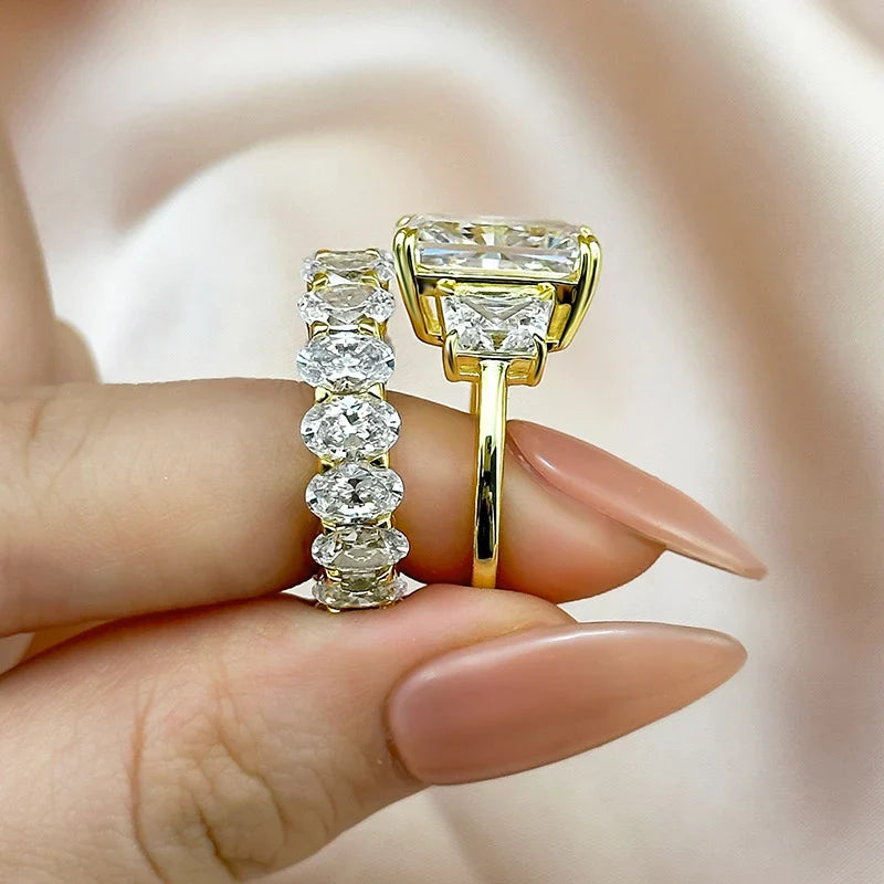 Luxurious Three Stone Radiant Cut Wedding Ring Set