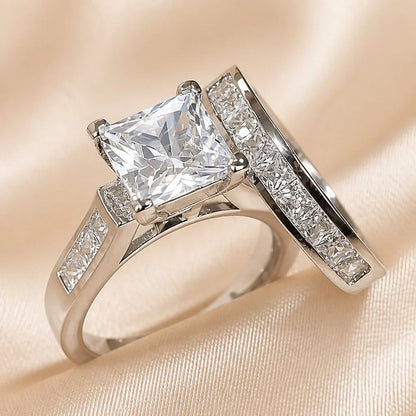 White Gold Square Zirconia Ring Set