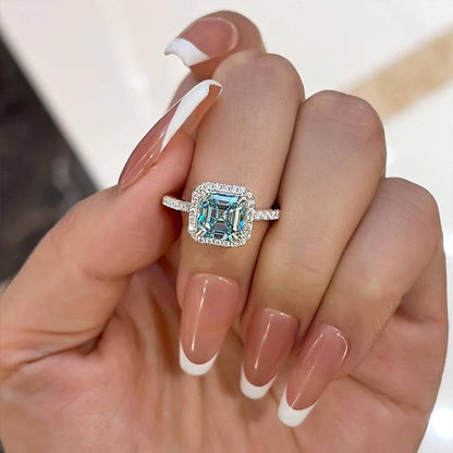 Halo Asscher Cut Aquamarine Engagement Ring
