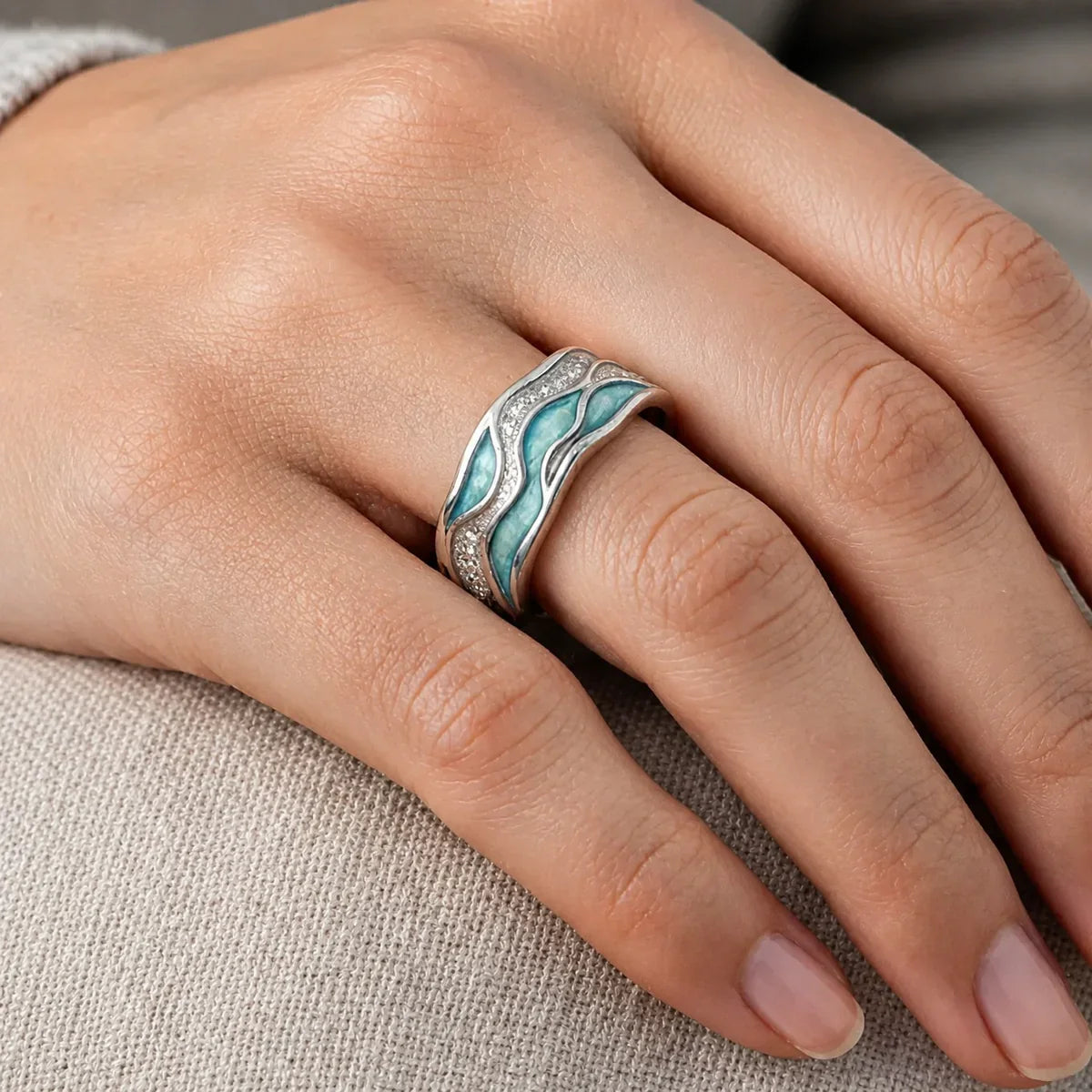 Turquoise Ocean Ripple Ring